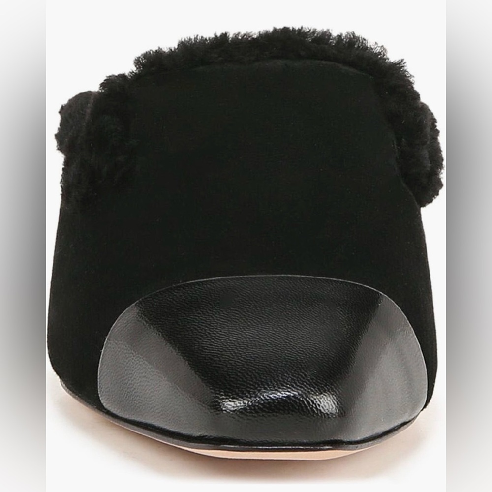 Veronica Beard Black Shearling-Trim Leather Cap-Toe Mules - Picture 3 of 15